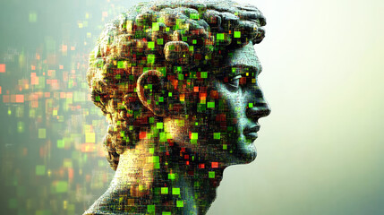 Pixelated mosaic rendering of a classic sculpture profile, creating a blend of historical art and digital abstract concepts.