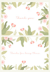 Floral thank you cards. Delicate pink flowers and leaves on white background. Horizontal isolated posters. Vector illustration. Thankful banner, flyer, Grateful Greetings, Appreciation Note