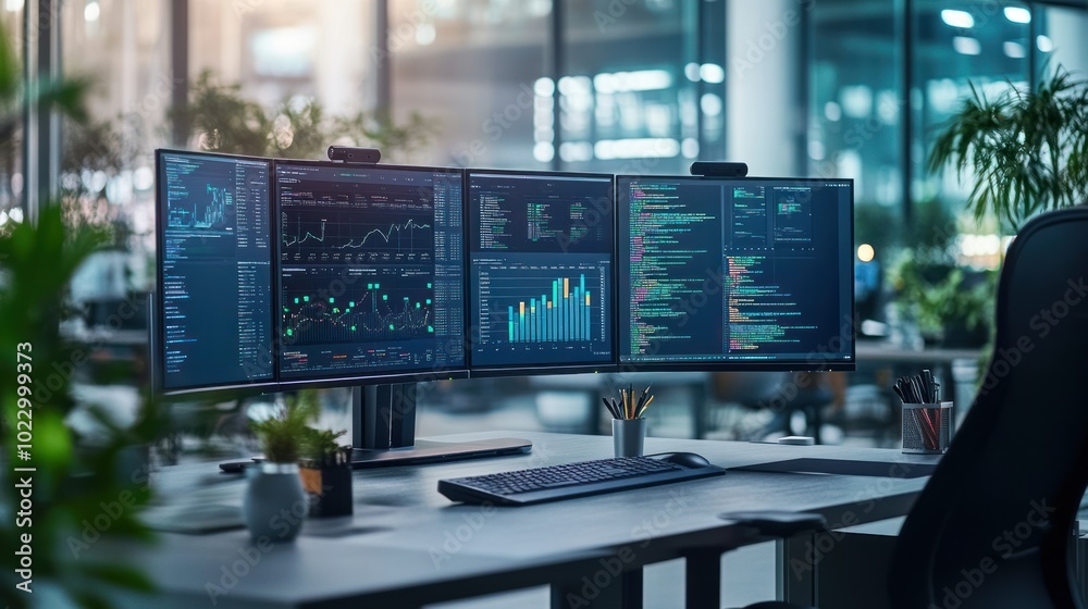Aufkleber Three Monitors Displaying Graphs, Data, and Code in a Modern Office