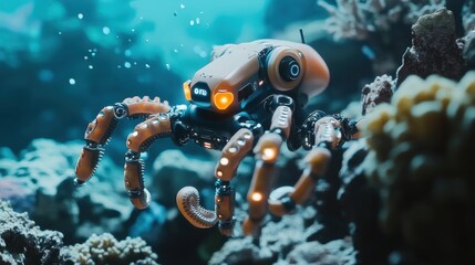 A robotic octopus navigating a coral reef, its tentacles equipped with sensors