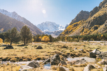 Adyrsu Gorge. Mount Ullu-Tau. Beautiful view of the raging mountain river. Nature and travel. Russia, Caucasus, Kabardino-Balkaria