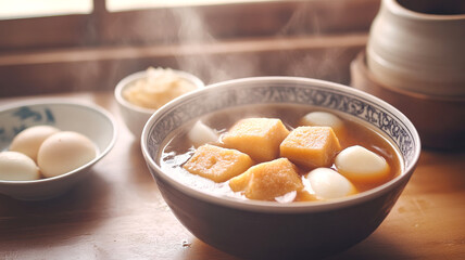 Bowl of ramen with soft-boiled eggs and crispy tofu