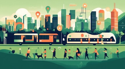 A vibrant urban scene with people, trains, and a city skyline, illustrating public transport.