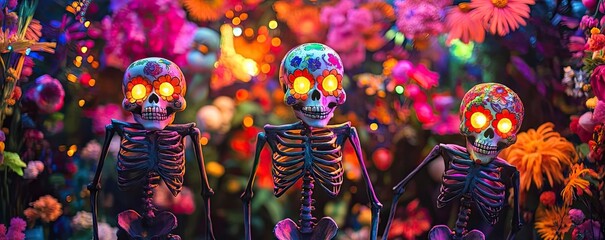 Fototapeta premium Colorful skeletons celebrate in a vibrant floral setting, evoking a festive atmosphere of life and death.