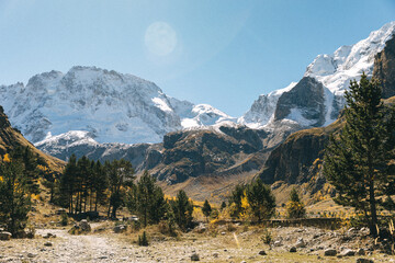 Adyrsu Gorge. Mount Ullu-Tau. Beautiful view of the raging mountain river. Nature and travel. Russia, Caucasus, Kabardino-Balkaria