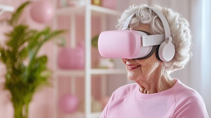 Elderly Woman Enjoys Virtual Reality Workout in Outdoor Gym with Retro Inspired Tones