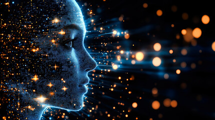 A creative artwork presents a human profile disintegrating into a burst of particles, symbolizing thoughts and idea expansion.