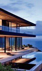 Obraz premium Modern house with pool overlooking ocean.