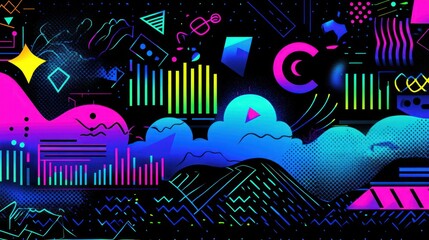 Vibrant abstract design featuring colorful shapes, patterns, and gradients on a dark background.
