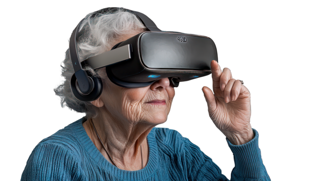 Older woman engaging with a VR headset, portrayed on a clear background.