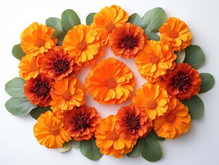 bright orange and red marigold flowers isolated on a clean white background, symbolizing vibrant celebrations such as diwali and the day of the dead. their beauty shines in simplicity
