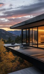 Fototapeta premium Modern home with mountain views and patio furniture.