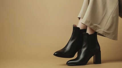 Black Leather Ankle Boots with Beige Pants on a Tan Background