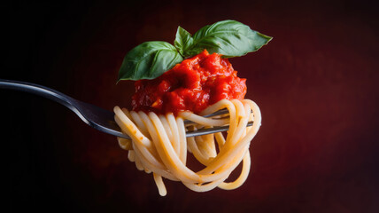 A fork with a piece of spaghetti and a piece of basil on top of it. The spaghetti is covered in red sauce