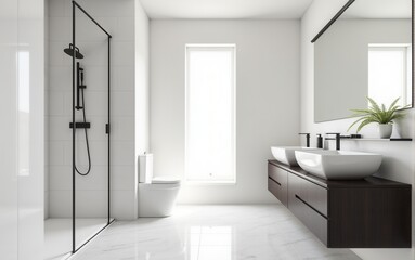 Modern minimalist bathroom with a glass shower. White walls, a glass shower, and stylish wooden furniture with black accents create a sense of cleanliness and simplicity