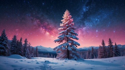 Fototapeta premium Snow-Covered Pine Under a Starry Night Sky
