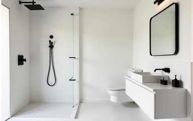 Modern minimalist bathroom with a glass shower. White walls, a glass shower, and stylish wooden furniture with black accents create a sense of cleanliness and simplicity