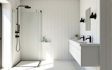 Cozy bathroom with a modern design. Spacious shower with black fixtures, round mirror, white tiles, and wooden furniture creating a harmonious and calming space.