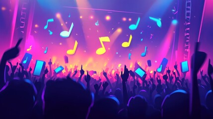 Obraz premium A vibrant concert scene with an energetic crowd and musical notes in the air.
