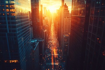 Fototapeta premium A view of a modern city from a height, where the sunset illuminates the streets and buildings. Ideal for urban themes.