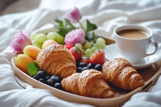 A tray with a delicious breakfast in bed: croissants, coffee, fresh fruit and flowers. Creates an atmosphere of pleasure and comfort.