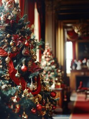 Fototapeta premium Luxuriously decorated Christmas trees in an opulent room filled with rich colors and festive ornaments during the holiday season