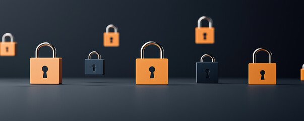 Colorful combination of orange and black locks, symbolizing security and protection in a modern, minimalist style.