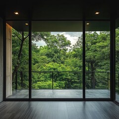 Obraz premium Scenic Balcony View, Lush Green Trees, Modern Glass Doors, Tranquil Forest Escape, Contemporary Home Design
