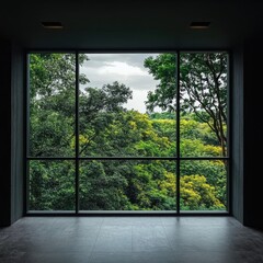 Forest view window, Lush green trees, Peaceful nature, Scenic outdoors, Large window scene