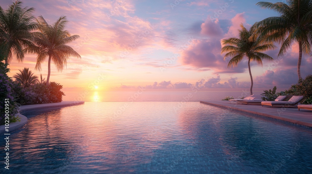 Poster a beautiful sunset over the ocean with palm trees in the background