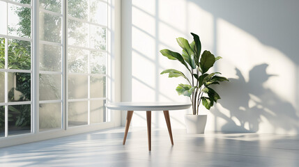 Fototapeta premium White coffee table with one house plant in a sunlit, minimalist room natural light streaming in through large windows