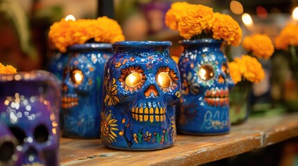 Colorful ceramic skulls with floral designs, illuminated by glowing lights, creating a festive atmosphere for celebrations.