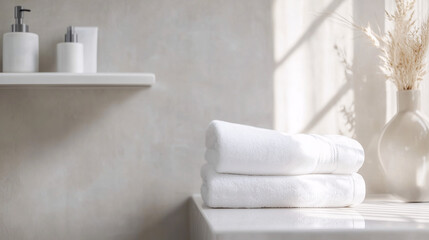 White towel on a modern rack in a clean, light-filled minimalist bathroom with neutral walls