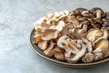 Fototapeta premium Assorted fresh mushrooms on plate, variety of organic textures