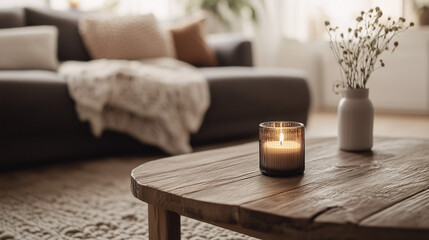 Wooden coffee table with a single candle in a minimalist, Scandinavian-inspired living room neutral tones and natural textures
