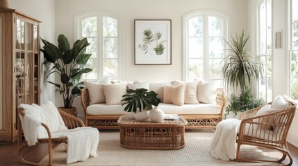 Cozy living room with rattan furniture and large windows showcasing greenery and natural light in a serene atmosphere