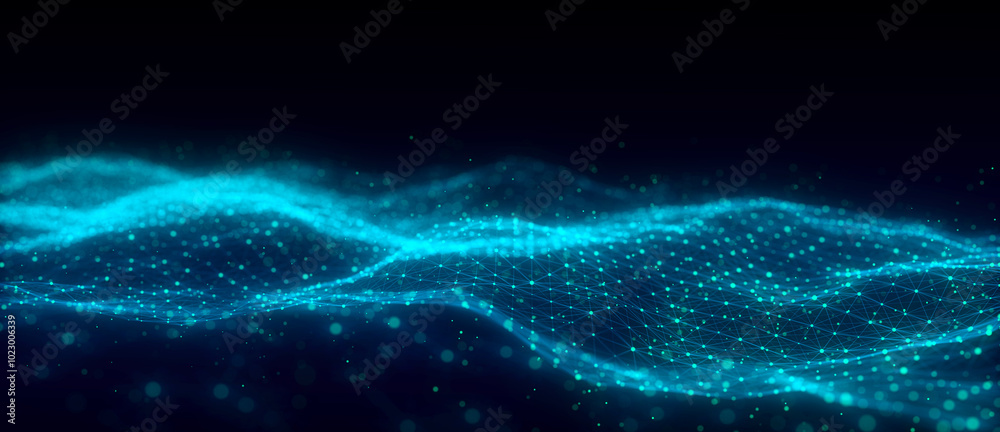 Fototapete Music color wave of particles and lines. Big data visualization. Abstract blue background with a dynamic wave. 3d rendering.
