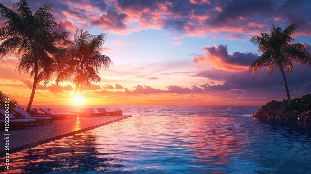 Poster a beautiful sunset over the ocean with palm trees in the background
