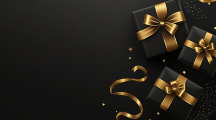 Black Friday. Lifelike black gift boxes adorned with elegant gold bows, placed against a dark backdrop.	