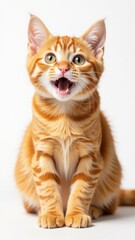 Obraz premium Ginger kitten meowing and sitting on white background