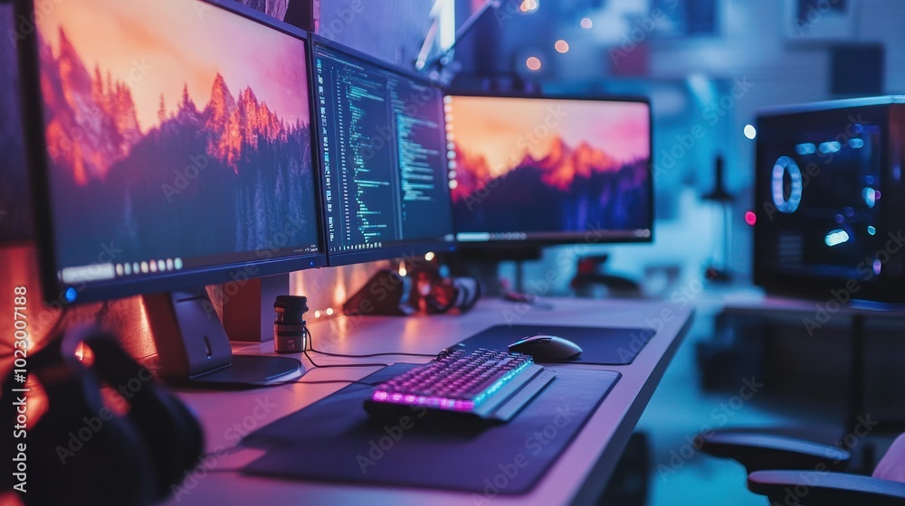 Poster a gamer's desk setup with two monitors, a keyboard, and a mouse