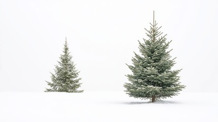 A single spruce tree stands out against a white backdrop. You can also see a fir, pine, and another spruce tree, all separate from the background. One of the spruce trees is shown from the side.