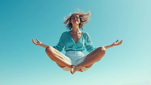Meditating woman levitating in the sky in a serene pose