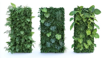 Obraz premium Set of three green garden walls with dense foliage against an isolated white background