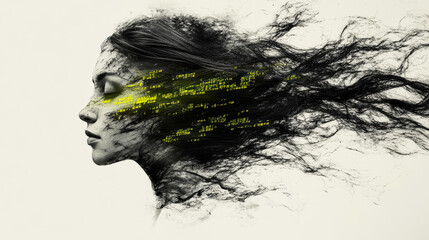 A profile view of a woman's face merged with digital code, symbolizing technology's integration with human identity.