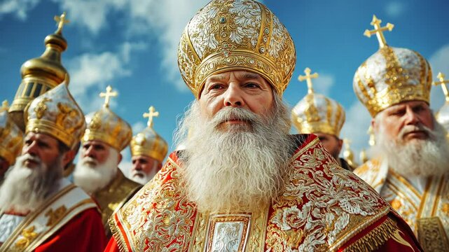 Orthodox bishop in ornate ceremonial robes and golden mitre, capturing the solemnity and grandeur of religious leadership. Traditional religious attire and expression of faith in a spiritual setting