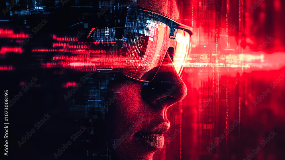 Poster a digital profile with futuristic glasses, highlighted by dynamic red light and binary code motifs, 
