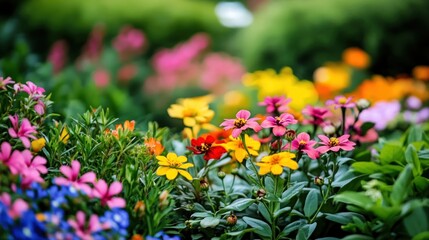 A Close-Up View of Vibrant Pink, Yellow, and Red Flowers in a Garden Setting