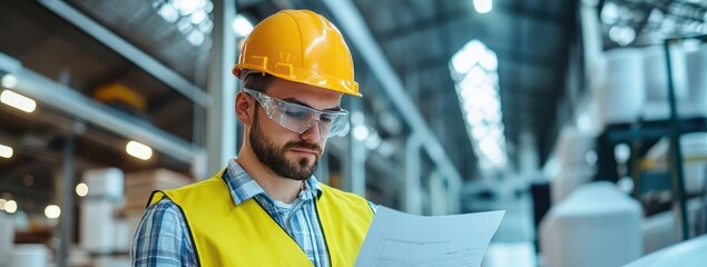 A construction worker in a safety helmet reviews documents in a busy industrial environment, ensuring project compliance.
