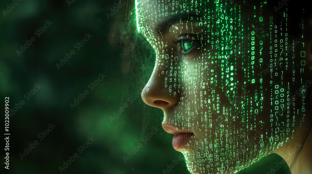 Poster digitalized face adorned with cascading matrix code, hinting at artificial intelligence in digital r